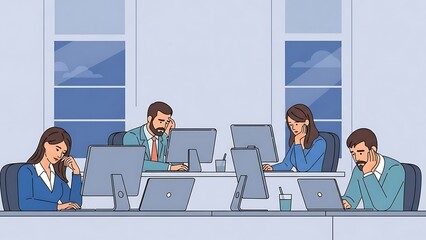 Four people working at computers in an office with large windows