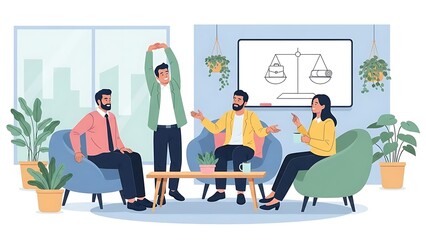 Group discussing balance scales in a modern office setting with plants