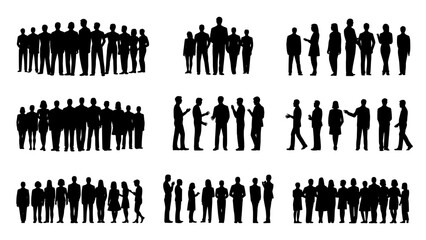 Set of black silhouette figures showing groups and individuals interacting in business and social contexts with handshakes on white vector background
