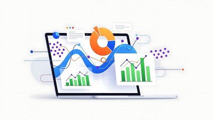 Laptop with floating colorful graphs and charts data