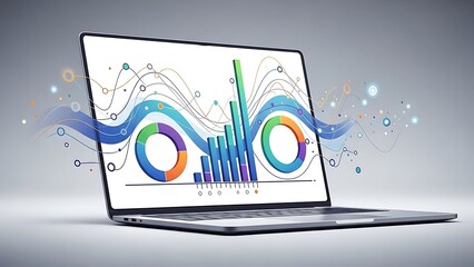 Laptop displaying colorful data visualization with abstract