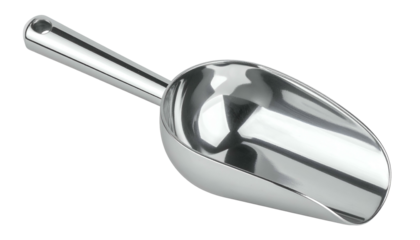 A shiny, metallic scoop with a long handle, photographed against a black background