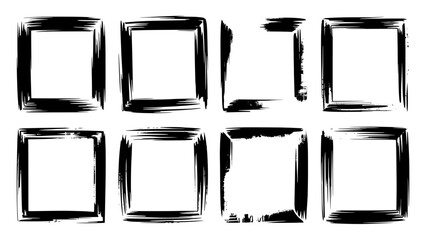 Nine black brush-stroke square frames arranged in a 3x3 grid on white background, abstract minimalist vector art with rough, uneven edges