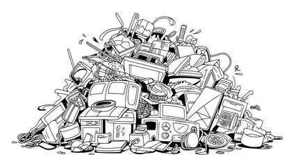 Black-and-white line art of a chaotic pile of discarded electronics and e-waste, featuring CRT TVs, computer monitors, keyboards, cables and printers