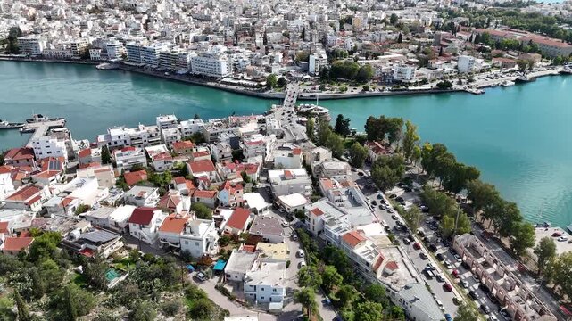 Aerial view of Chalkida old bridge and Euripus Strait waterfront, Greece
