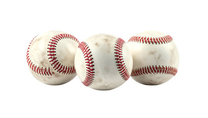 Three baseballs on a black background, slightly worn, showcasing stitching details