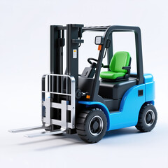A digitally rendered illustration of a forklift truck with a blue body, green seat, and black steering wheel, set against a plain white background.