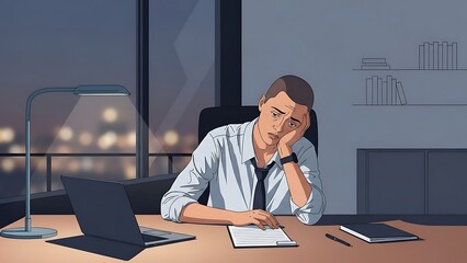 Man in white shirt sitting at desk with laptop and notebook looking tired