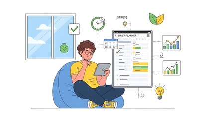 Man using digital daily planner on tablet while sitting on blue bean bag