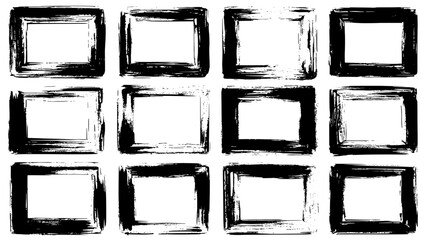 Grid of twelve rough brush-stroke square icons in black outlines on white background, abstract geometric pattern for logos, UI design, or artwork.