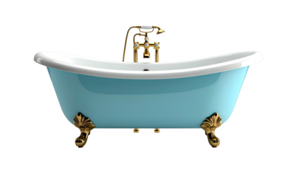 An antique, claw-foot bathtub in light blue with gold fixtures, isolated on black