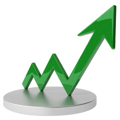 green arrow graph up 3d icon illustration isolated on transparent background, cutout, Growth business concept, graphic sign chart graph, increase symbol, financial stock market exchange, png