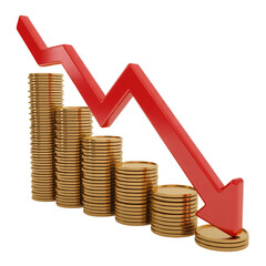 Golden 3d Coins and a Red Chart Line Graph Arrow Dropping Down Isolated Transparent PNG. a red downward-sloping line graph. Visual concept symbolizes the decline in Bitcoin's market price or value