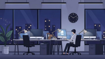 Man working at desk in office with computers and city view at night