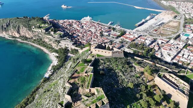 Aerial view of the Palamidi Fortress bastions on the mountain ridge, Nafplio, Peloponnese, Greece
