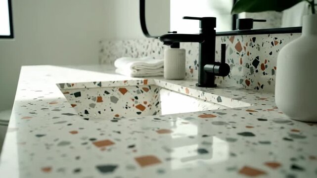Elegant Terrazzo Countertop In Modern Bathroom Interior Design With Stylish Faucet