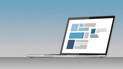 Open laptop displaying a blue and white abstract layout on screen