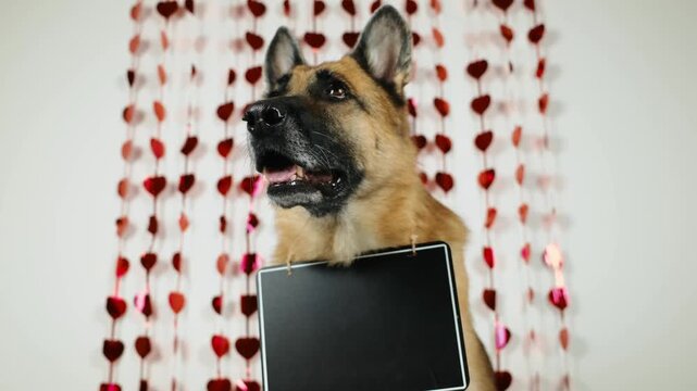 St. Valentine's Day concept. Funny smiling dog with empty chalkboard for notes - German shepherd indoor on white background with red shiny hearts. Pet in love celebrating valentines day