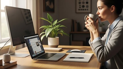 Woman drinking coffee at desk with laptop and desktop computer