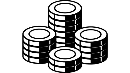 Black and white vector icon showing four stacks of coins with outlines, representing money, savings, finance, and cash flow for business concepts