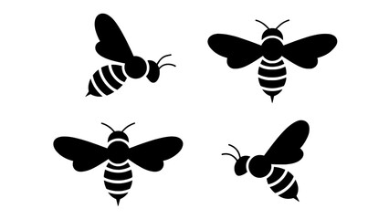 Set of four black bee silhouettes icons in different flying poses on white background, vector flat design for logos, apps, and insect illustrations