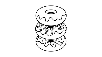 Stacked donuts line art vector illustration with glazed icing and sprinkles, three circular donuts in black outlines on white background