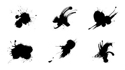 Six black ink splatters on white background with varied shapes for abstract grunge textures, backgrounds, design elements, and artistic compositions