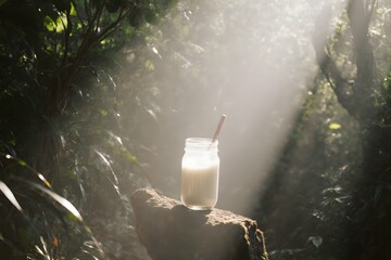 A glass of milk sitting on top of a rock