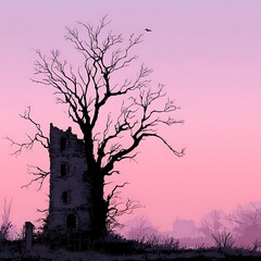Gothic ruin tower and bare tree silhouette against pink sky high resolution image