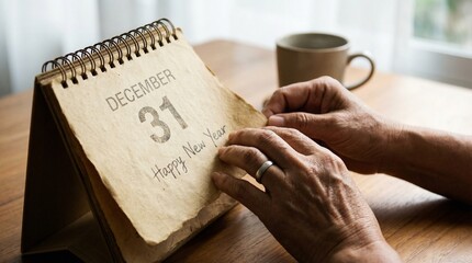 Hands Turning Over Calendar Page Signifying New Year's Eve Celebration on December 31 with Coffee Cup in Background