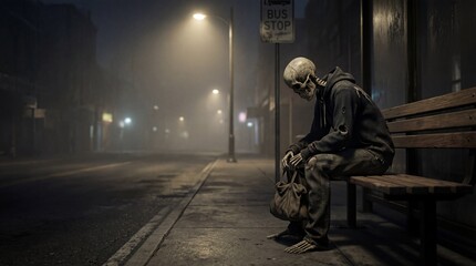 Satirical Loneliness and Endless Waiting concept, Skeleton Alone waiting bus in Empty City Night
