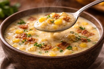A spoonful of creamy corn chowder with bacon bits and chives in a rustic bowl