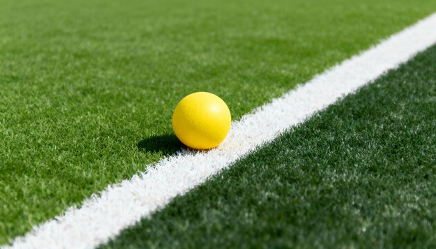 Yellow ball on white line of artificial turf field. Close up of synthetic grass texture and sports boundary. Copy space for text