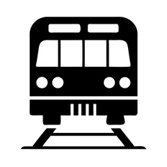 Simple black and white icon of a passenger train on tracks, representing public transportation
