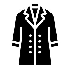 Stylized black glyph icon depicting a classic double-breasted overcoat or trench coat