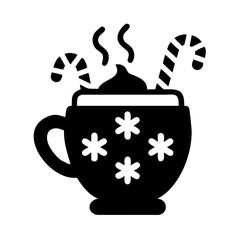 Festive hot drink icon with whipped cream, steam, and candy canes for winter holidays