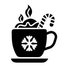 A festive hot drink in a mug with a snowflake design and a candy cane, perfect for winter holidays