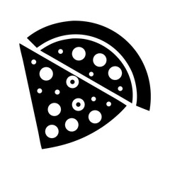 A simple black and white vector icon illustration of a delicious quarter pizza slice with various toppings.
