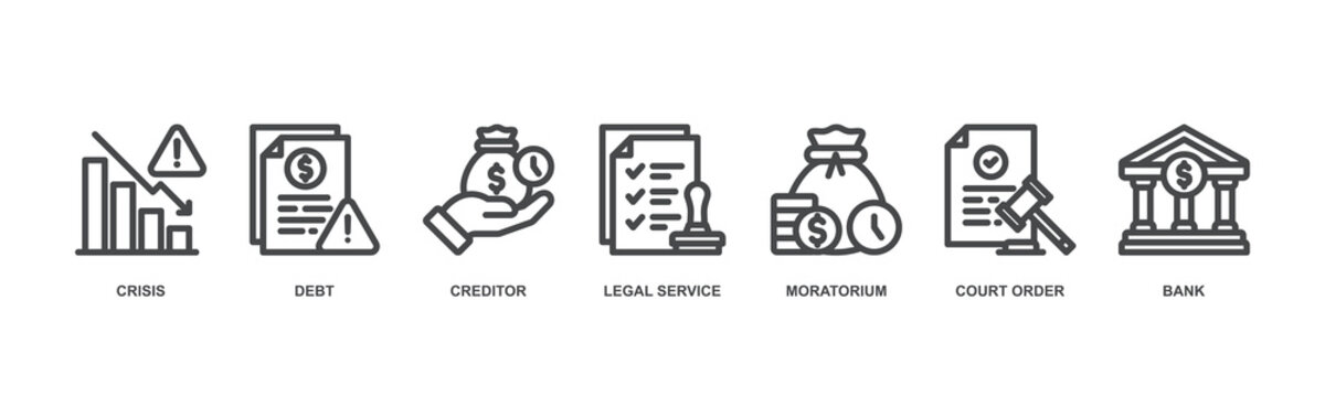 Bankruptcy concept icon illustration with icon of debt, moratorium, crisis, legal service, bank, creditor and court order.