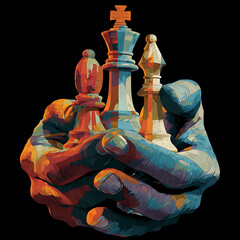 Hands holding strategic chess pieces illustration high resolution image