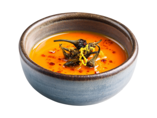 Orange soup with chili peppers and herbs in a ceramic bowl isolated on transparent or white background, png