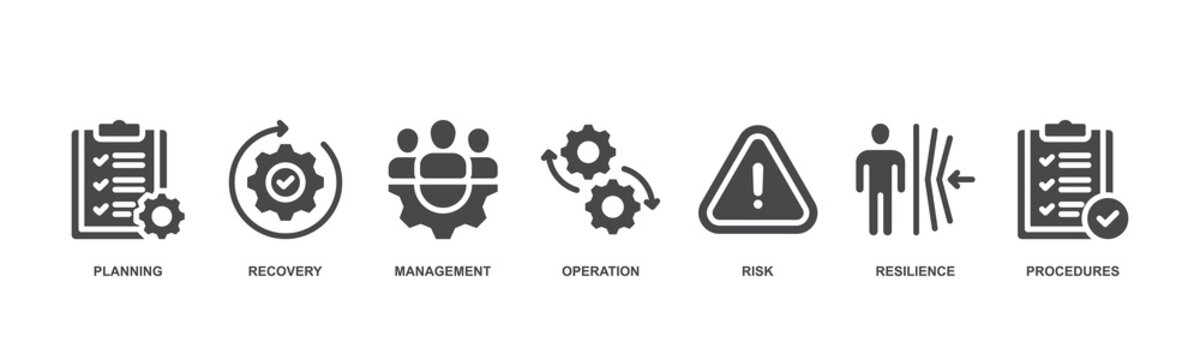 Business continuity concept icon illustration with icon of planning, recovery, management, operation, risk, resilience and procedures.
