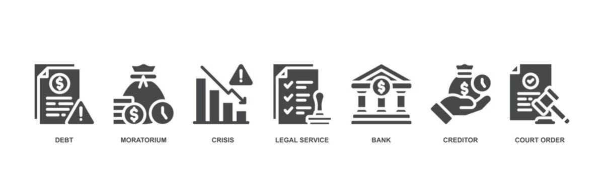 Bankruptcy concept icon vector illustration with icon of debt, moratorium, crisis, legal service, bank, creditor and court order. 