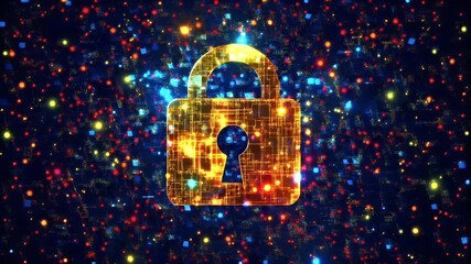 Firewall protection. Internet cyber security. Hightech. Technology. Encryption and decryption. A digital artwork featuring a glowing padlock with a keyhole. - Powered by Adobe