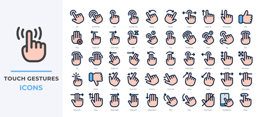 Touch Gesture icons set featuring taps, swipes, pinches, zooms, drags and more. Perfect for mobile app UI, touchscreen interfaces, and gesture-based interaction designs.