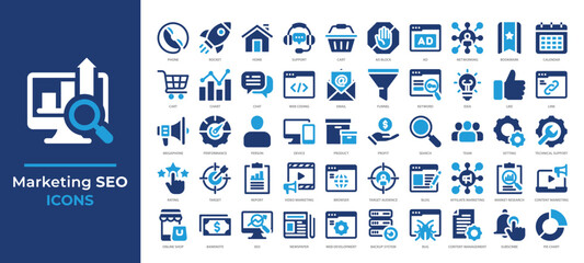 Marketing and SEO icons set including analytics, keywords, content, ads, optimization tools and more. Perfect for digital marketing, web design, and online business projects.