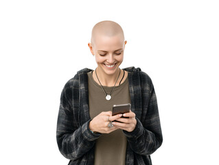 Happy bald woman checking her mobile phone isolated on transparent or white background, png