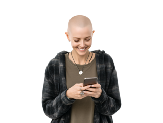 Happy bald woman checking her mobile phone isolated on transparent or white background, png