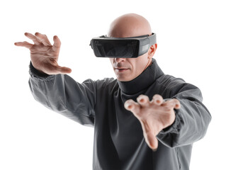 Man experiencing virtual reality with a headset isolated on transparent or white background, png