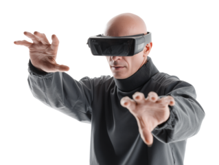 Man experiencing virtual reality with a headset isolated on transparent or white background, png